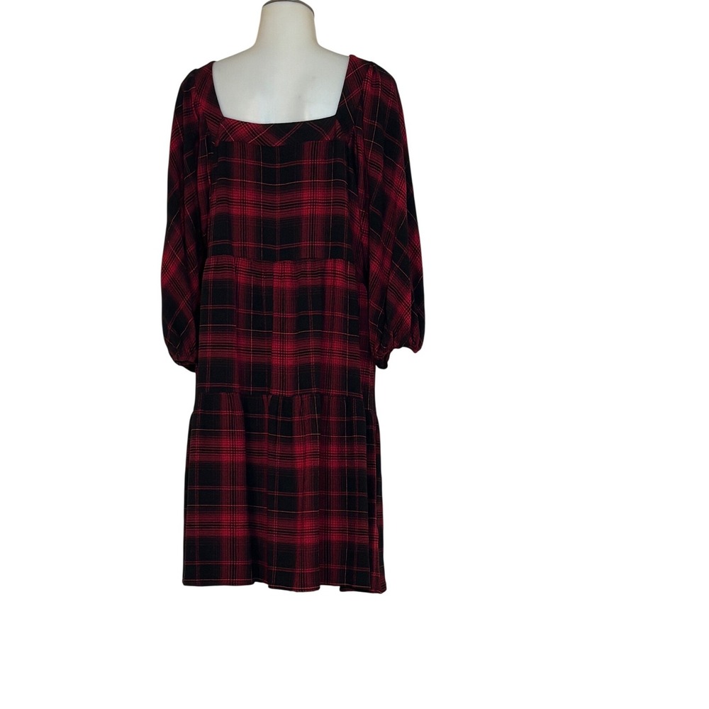 Maurices Plaid Dress Women Large Red Black Tiered Square Neck NWT